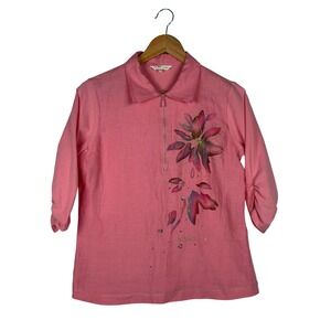 CC Club Classic Quarter Zip Top Women 40 Pink Floral Rhinestone Ruched Sleeve